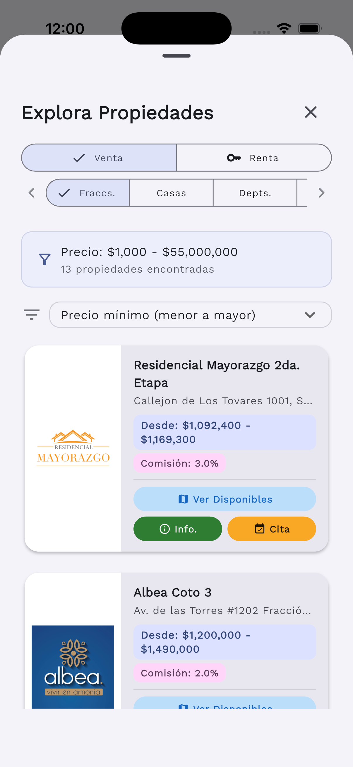 Catálogo de inmuebles en la app